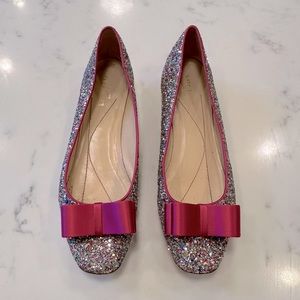 Kate Spade Multi Colored Glitter Flats with Pink Satin Bow & Trim